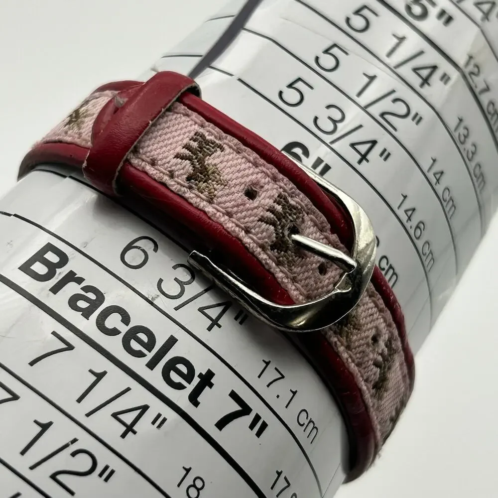 Reindeer Oval Dial Silver-tone Case Red & Pink Band Watch Working New Battery